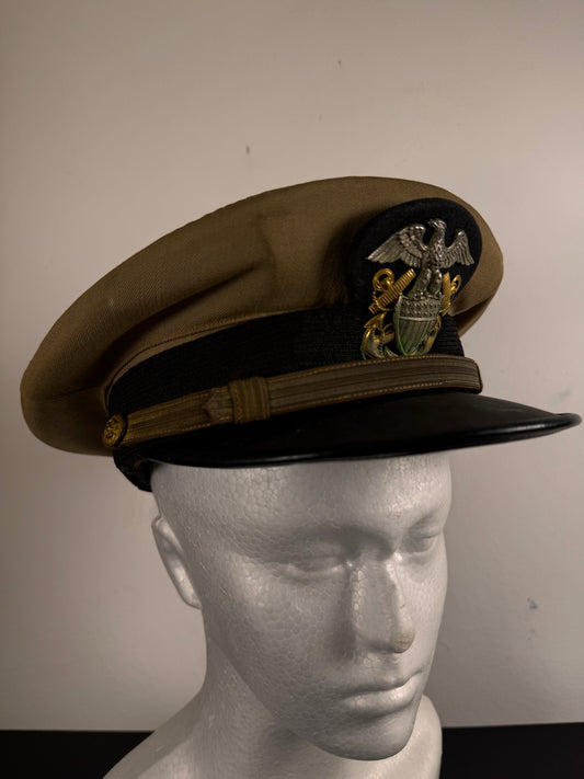Photo 1 of WWII U.S. Navy Officer’s Khaki Combination Cap - Named - collectible militaria item