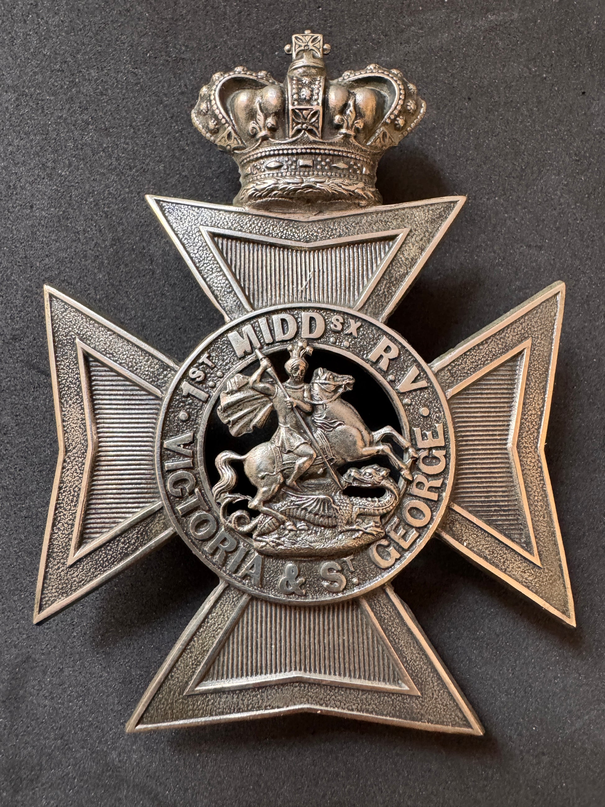 Photo 5 of Victorian British Army 1st Middlesex Rifle Volunteers Helmet & Pouch Belt Badges - collectible militaria item
