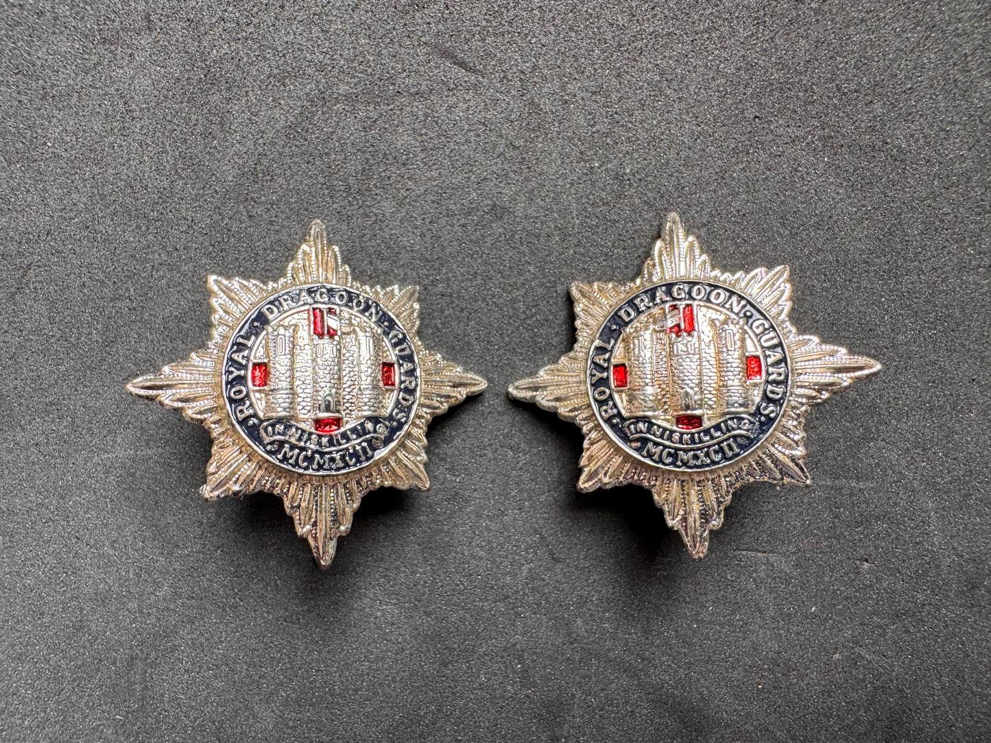 Photo 1 of British Army Royal Dragoon Guards Officer Collar Badges - Enamel Pair - collectible militaria item