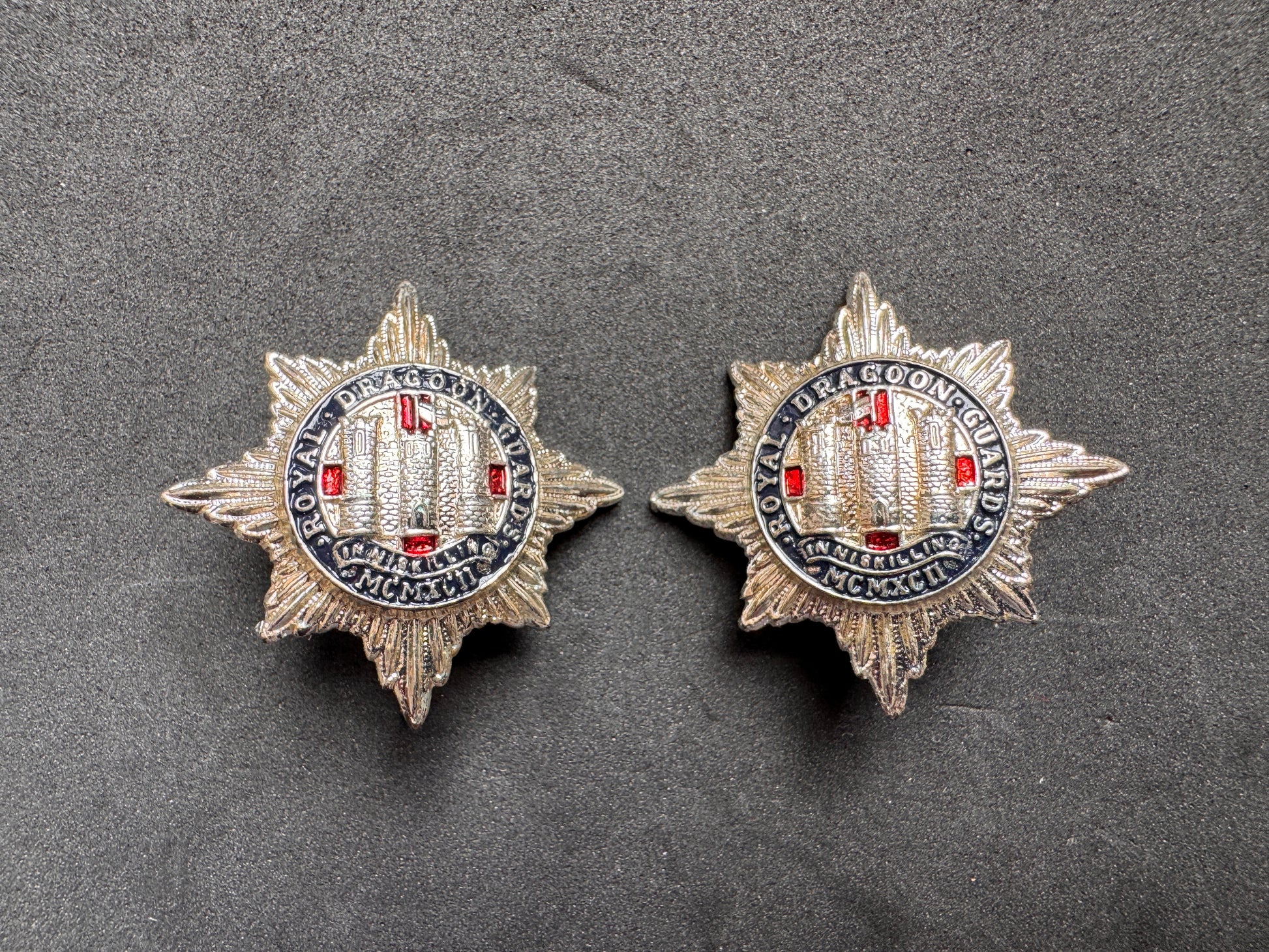 Photo 1 of British Army Royal Dragoon Guards Officer Collar Badges - Enamel Pair - collectible militaria item